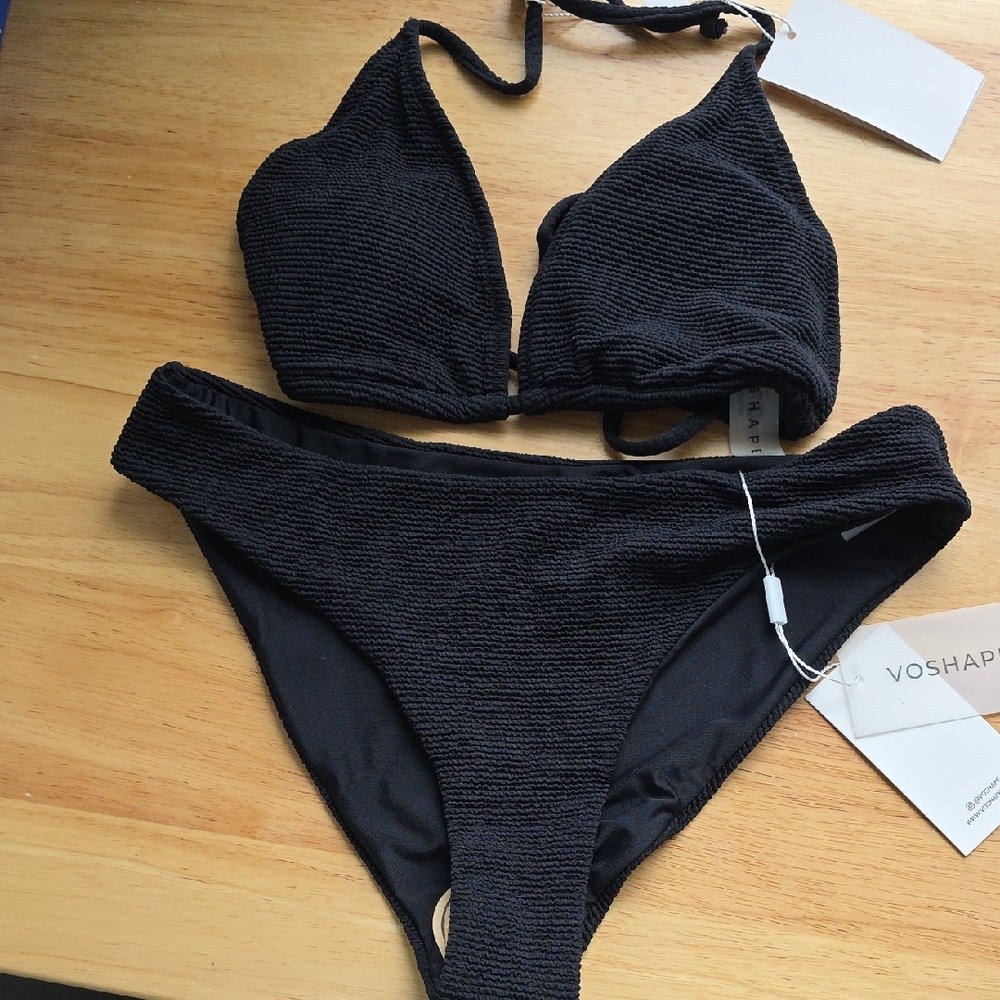 Black Textured Triangle Bikini Set